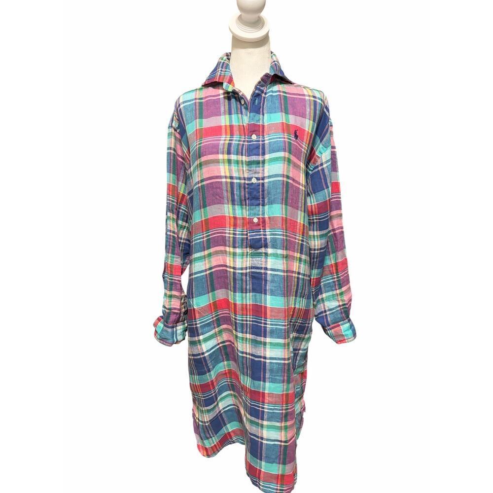 Polo Ralph Lauren Plaid Linen Shirt Dress Size 6 Multicolor Button Front - Picture 2 of 7